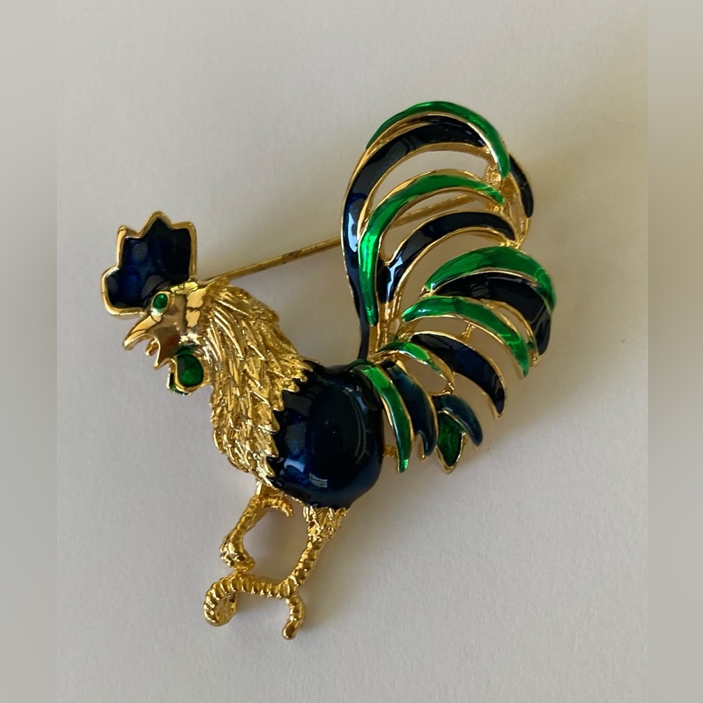 Vintage Brooch Pin Enamel Rooster Gold Rhinestone - Picture 5 of 5